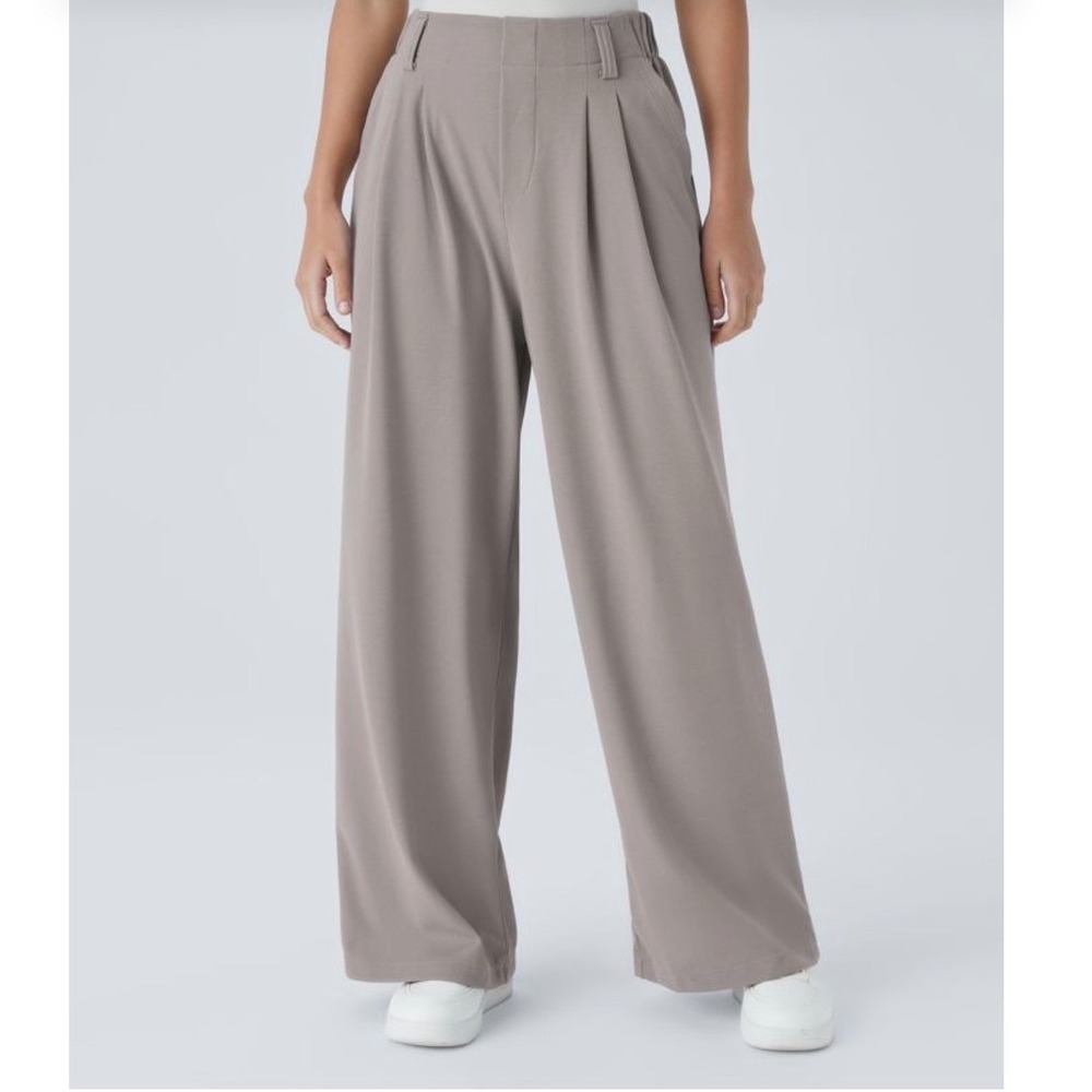 Halara Flex High Waisted Wide Leg Work Pants Taupe Grey Pleated Trousers Medium